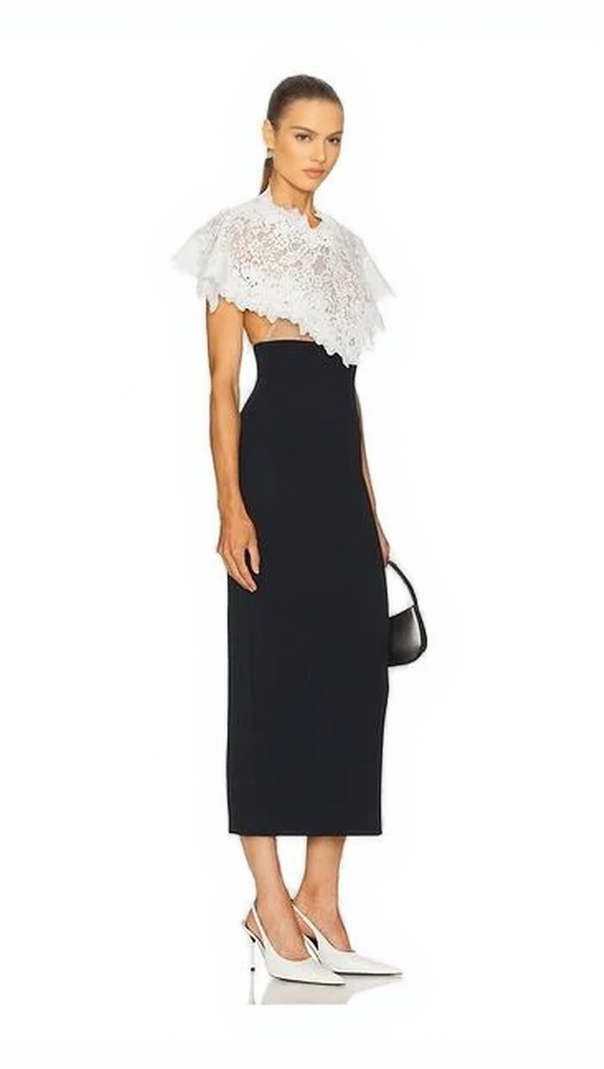 AIIZIE IVY BLACK CUTOUT BODYCON MIDI DRESS & ETHEREAL LACE CAPELET - product image