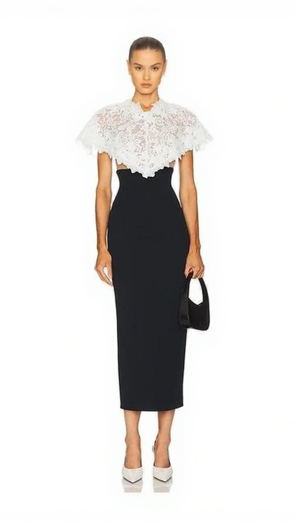 AIIZIE IVY BLACK CUTOUT BODYCON MIDI DRESS & ETHEREAL LACE CAPELET - product image
