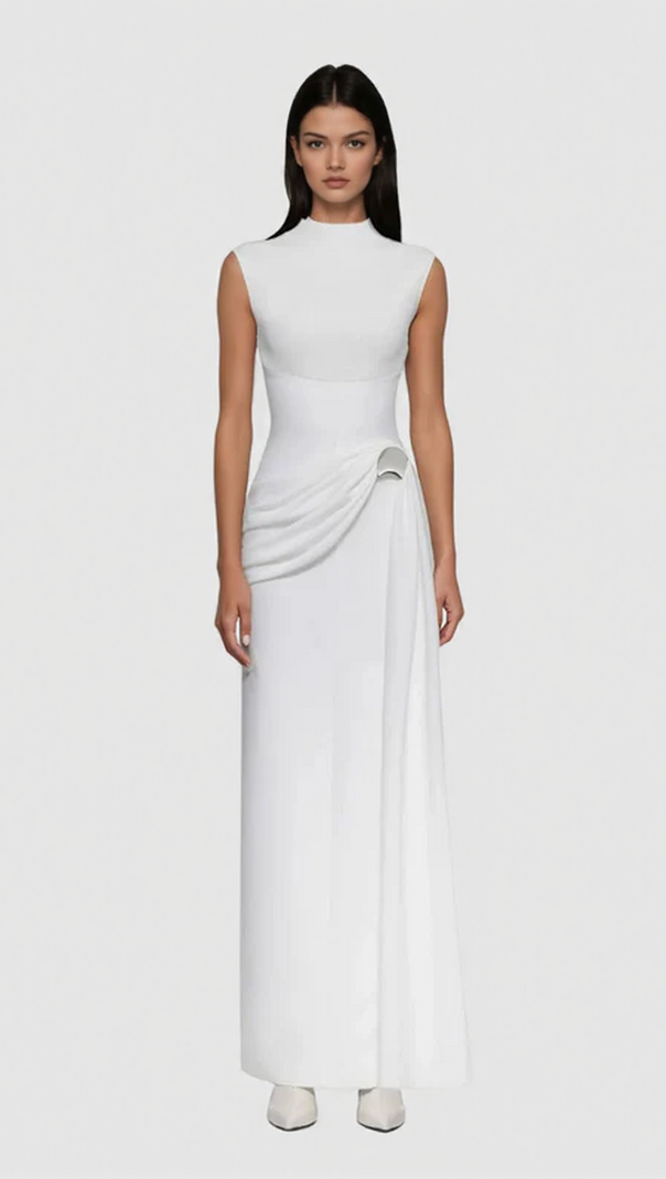 AIIZIE IMAN SLEEVELESS MOCK NECK MAXI DRESS - ELEGANT WHITE GOWN FOR SPECIAL OCCASIONS - product image