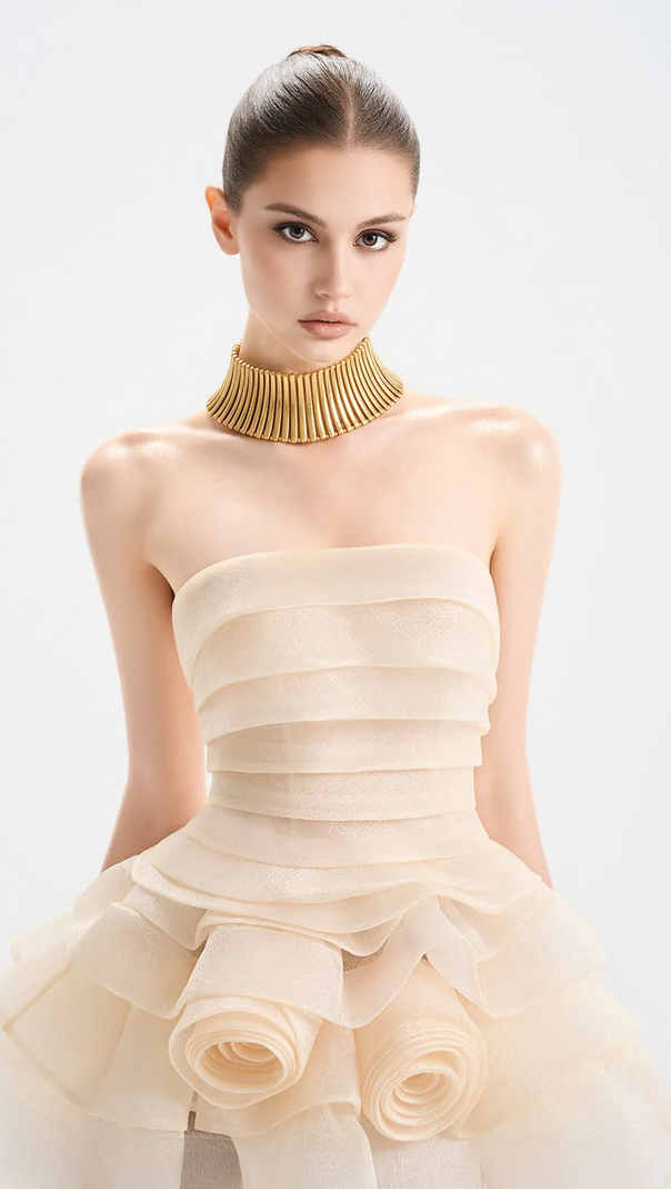 AIIZIE CORAL OFF-SHOULDER LAYER TRIM FLOWER MINI DRESS IN APRICOT - product image