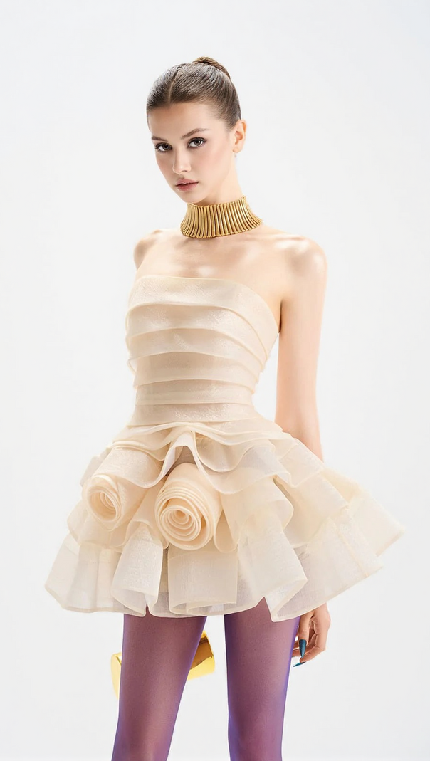 AIIZIE CORAL OFF-SHOULDER LAYER TRIM FLOWER MINI DRESS IN APRICOT - product image