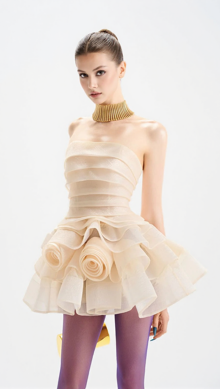 CORAL OFF-SHOULDER LAYER TRIM FLOWER MINI DRESS IN APRICOT