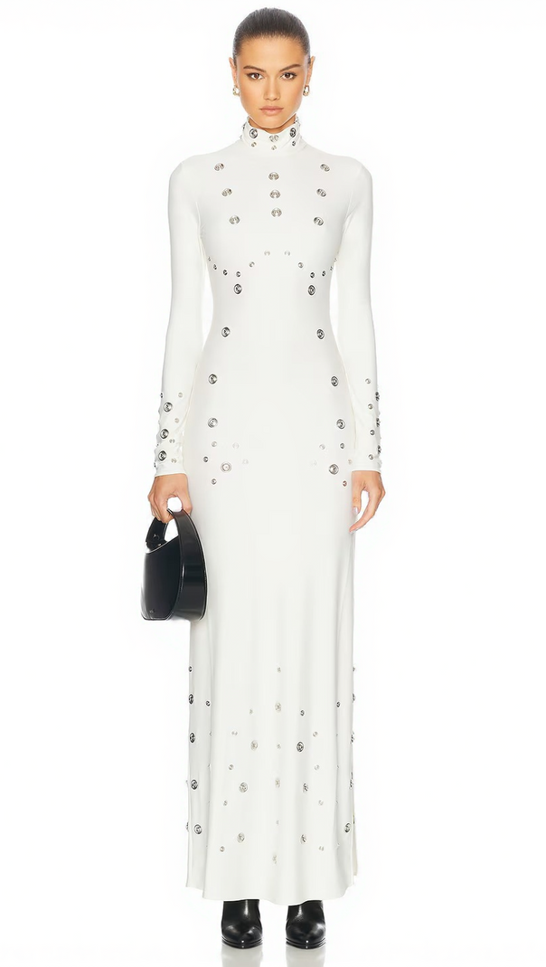 AIIZIE ISHANA WHITE EMBELLISHED MOCK NECK MAXI GOWN - LONG SLEEVE FORMAL DRESS - product image