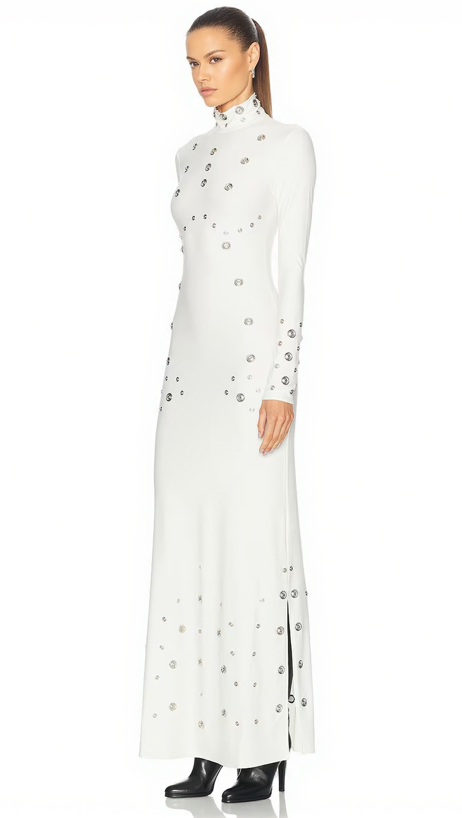 ISHANA WHITE EMBELLISHED MOCK NECK MAXI GOWN - LONG SLEEVE FORMAL DRESS