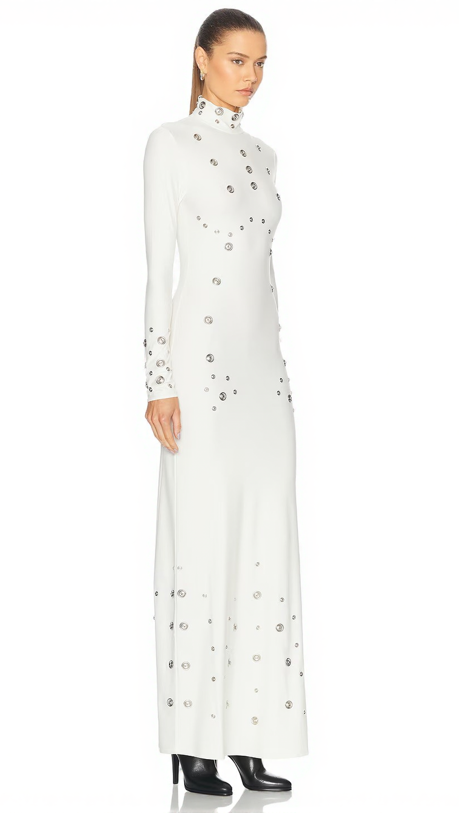 ISHANA WHITE EMBELLISHED MOCK NECK MAXI GOWN - LONG SLEEVE FORMAL DRESS