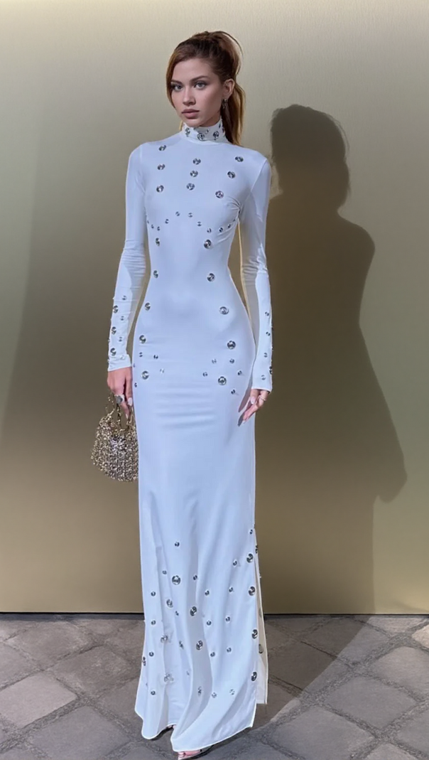 AIIZIE ISHANA WHITE EMBELLISHED MOCK NECK MAXI GOWN - LONG SLEEVE FORMAL DRESS - product image
