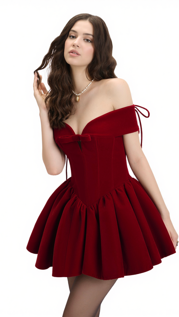 IREM RED VELVET OFF-SHOULDER CORSET MINI DRESS | PARTY & DATE NIGHT GLAM
