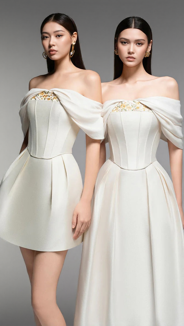AIIZIE EMBROIDERY A-LINE OFF-SHOULDER POLYESTER MINI DRESS IN BEIGE - product image