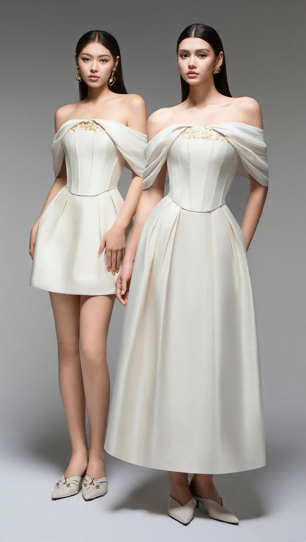 AIIZIE EMBROIDERY A-LINE OFF-SHOULDER POLYESTER MINI DRESS IN BEIGE - product image