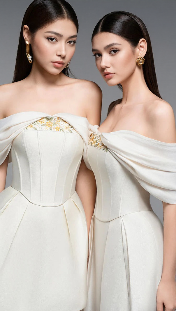 AIIZIE EMBROIDERY A-LINE OFF-SHOULDER POLYESTER MINI DRESS IN BEIGE - product image