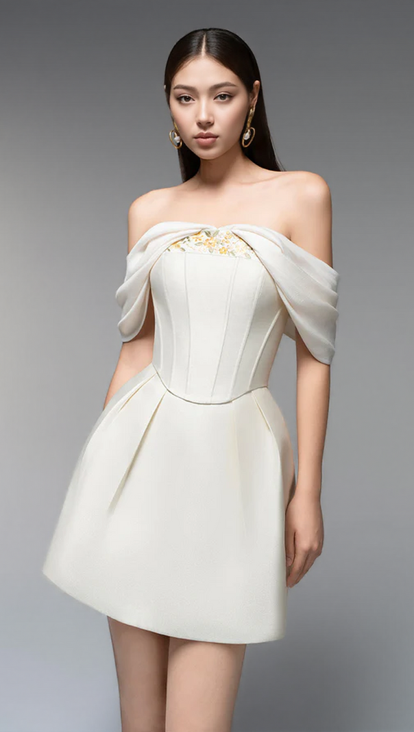 AIIZIE EMBROIDERY A-LINE OFF-SHOULDER POLYESTER MINI DRESS IN BEIGE - product image
