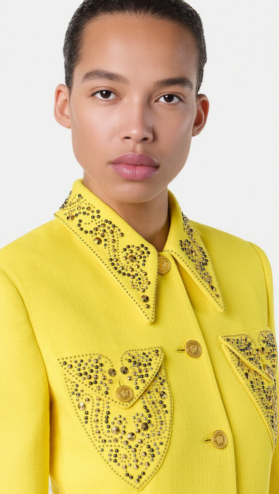 ANILA STUDDED WOOL FITTED SINGLE-BREASTED BLAZER IN YELLOW