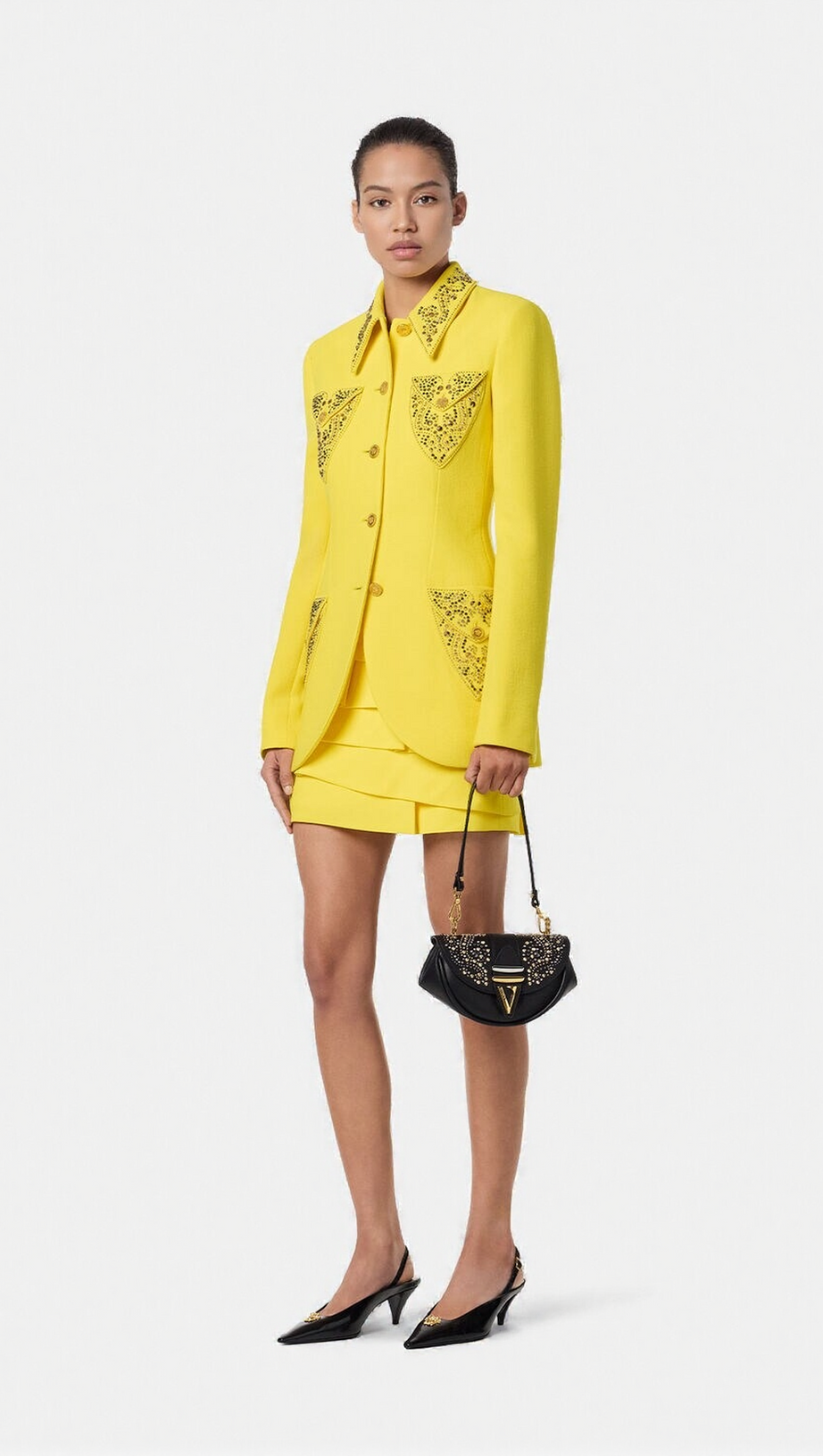 ANILA STUDDED WOOL FITTED SINGLE-BREASTED BLAZER IN YELLOW