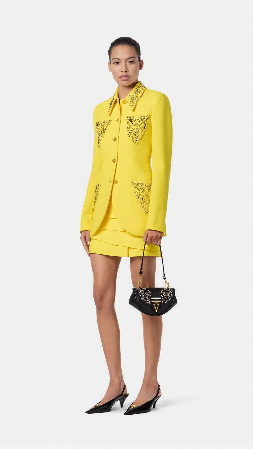 ANILA STUDDED WOOL FITTED SINGLE-BREASTED BLAZER IN YELLOW