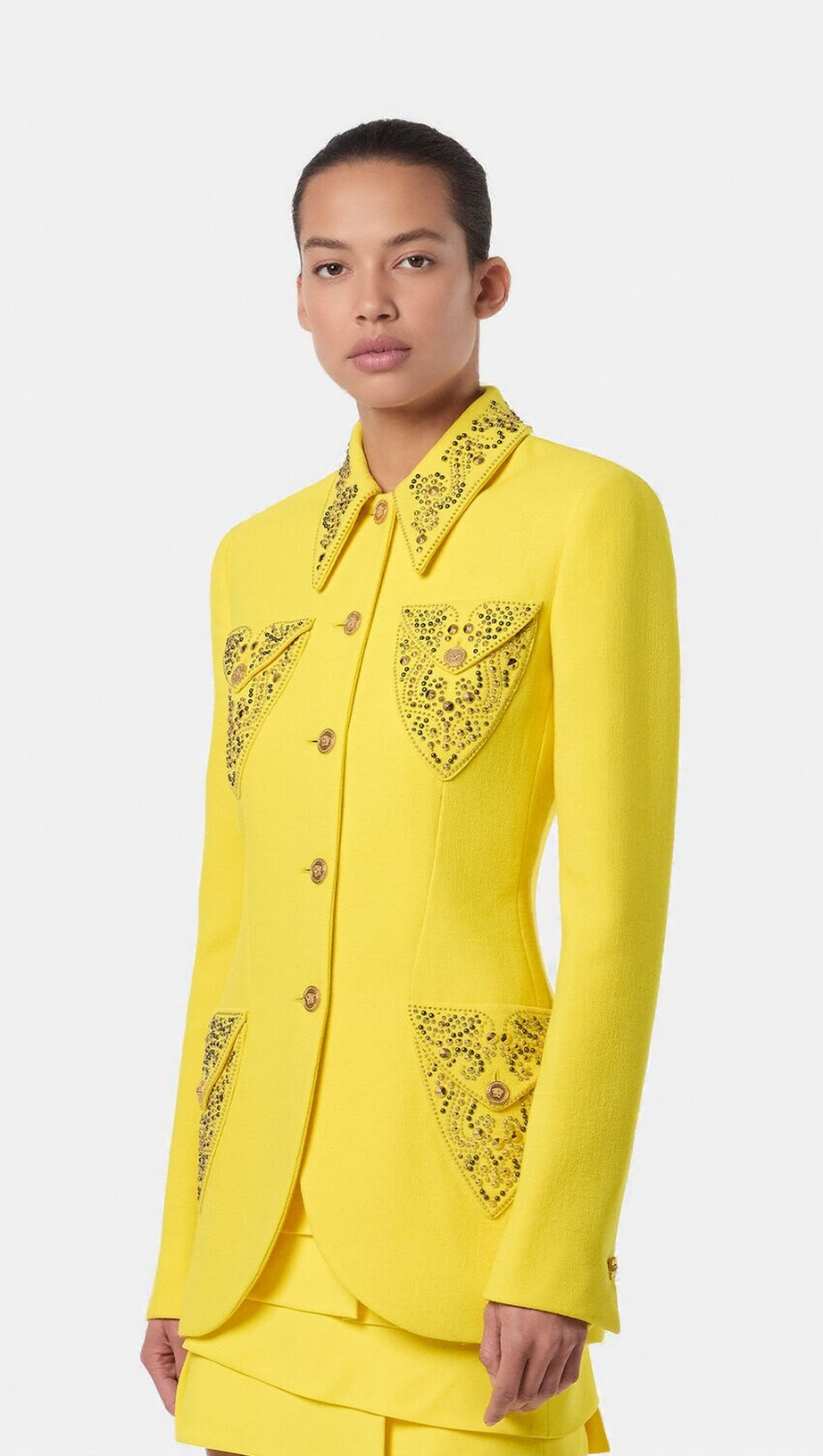ANILA STUDDED WOOL FITTED SINGLE-BREASTED BLAZER IN YELLOW