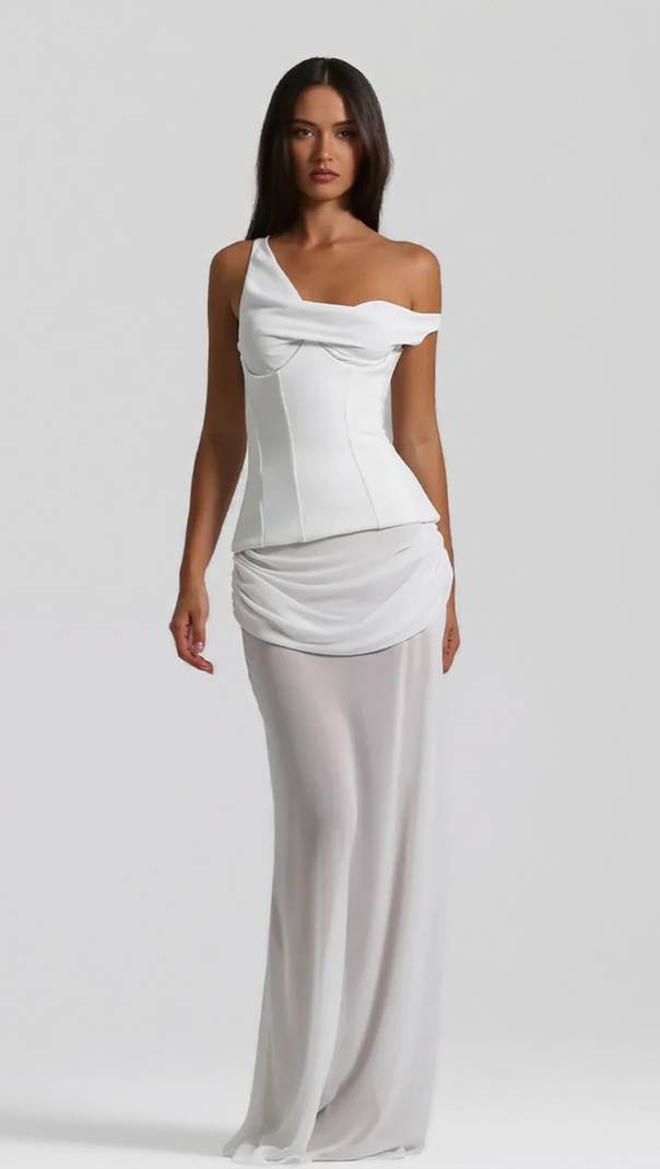 AIIZIE ISTAS WHITE CORSET MAXI DRESS | ELEGANT ONE-SHOULDER BRIDAL & GALA GOWN - product image