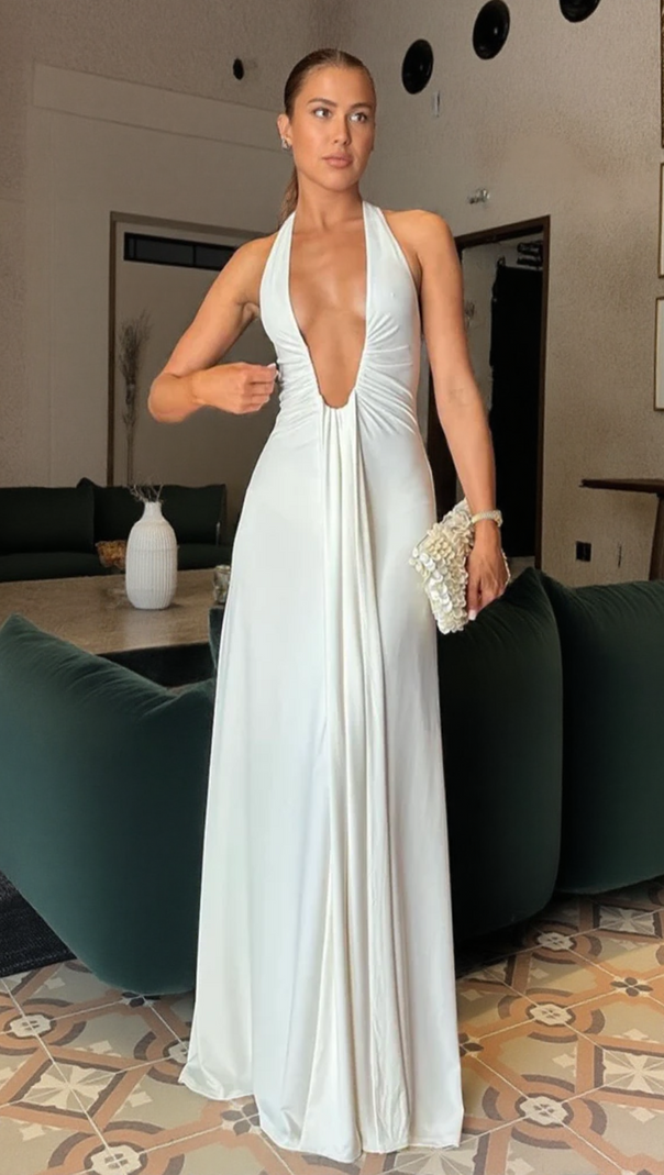 AIIZIE ISLA WHITE SATIN HALTER MAXI DRESS - ELEGANT EVENING & WEDDING GOWN - product image
