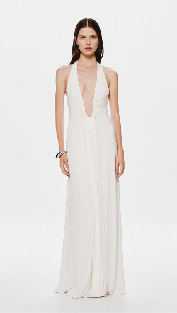 AIIZIE ISLA WHITE SATIN HALTER MAXI DRESS - ELEGANT EVENING & WEDDING GOWN - product image