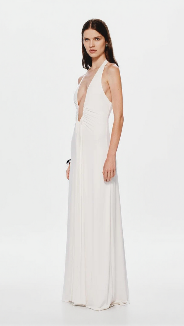 AIIZIE ISLA WHITE SATIN HALTER MAXI DRESS - ELEGANT EVENING & WEDDING GOWN - product image