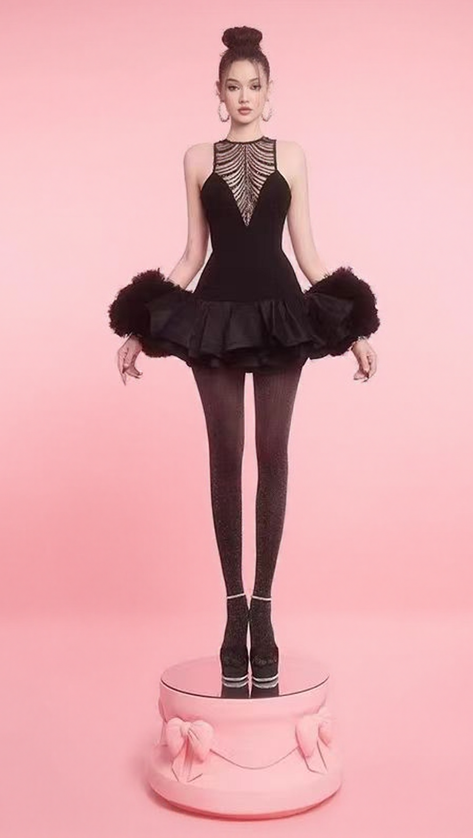 ISSA BLACK SPARKLE MESH HALTER MINI DRESS