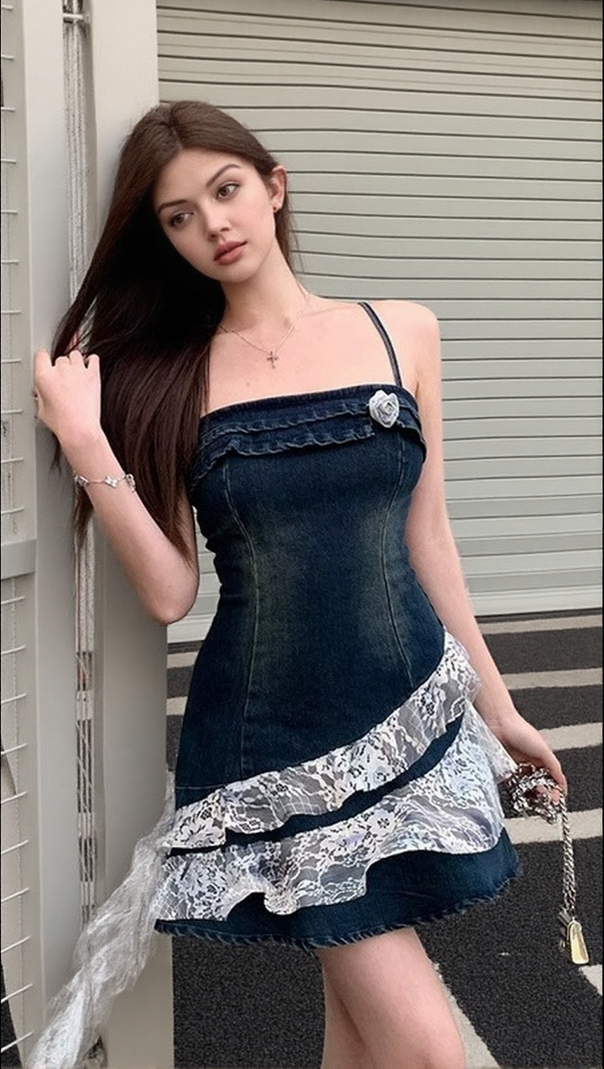 AIIZIE IRREGULAR LACE PATCHWORK DENIM STRAPPY MINI DRESS - product image