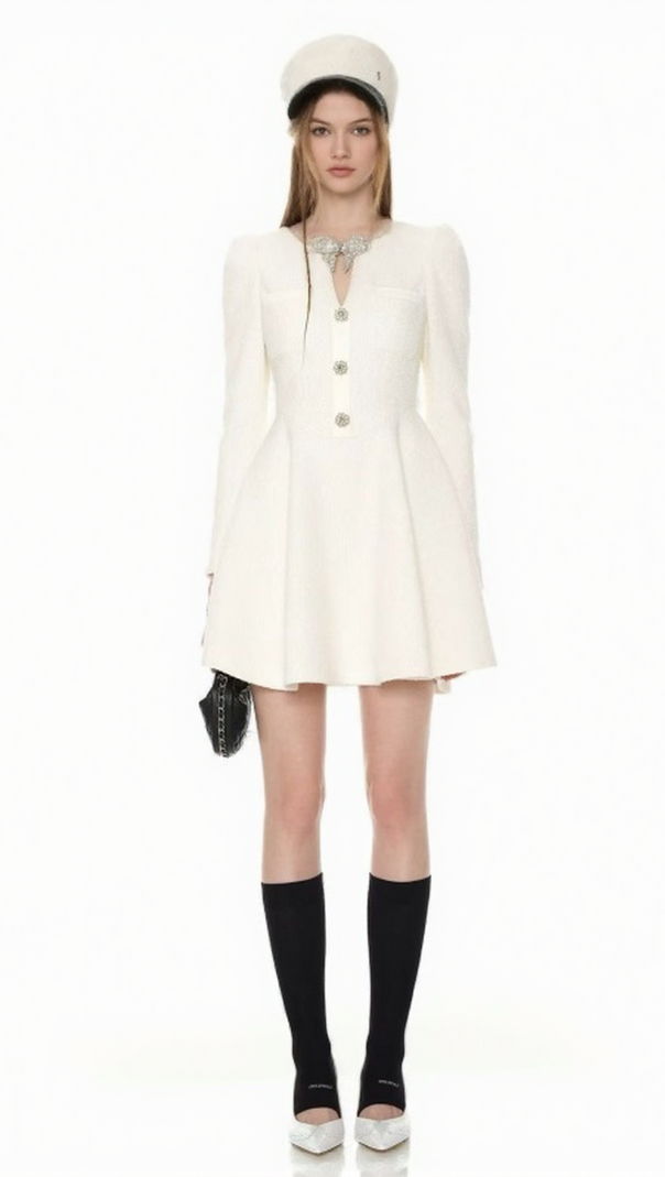 AIIZIE ELEGANT WHITE TWEED BOW MINI DRESS | LONG SLEEVE FIT & FLARE - product image