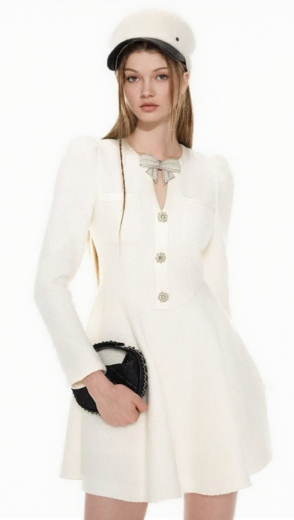AIIZIE ELEGANT WHITE TWEED BOW MINI DRESS | LONG SLEEVE FIT & FLARE - product image