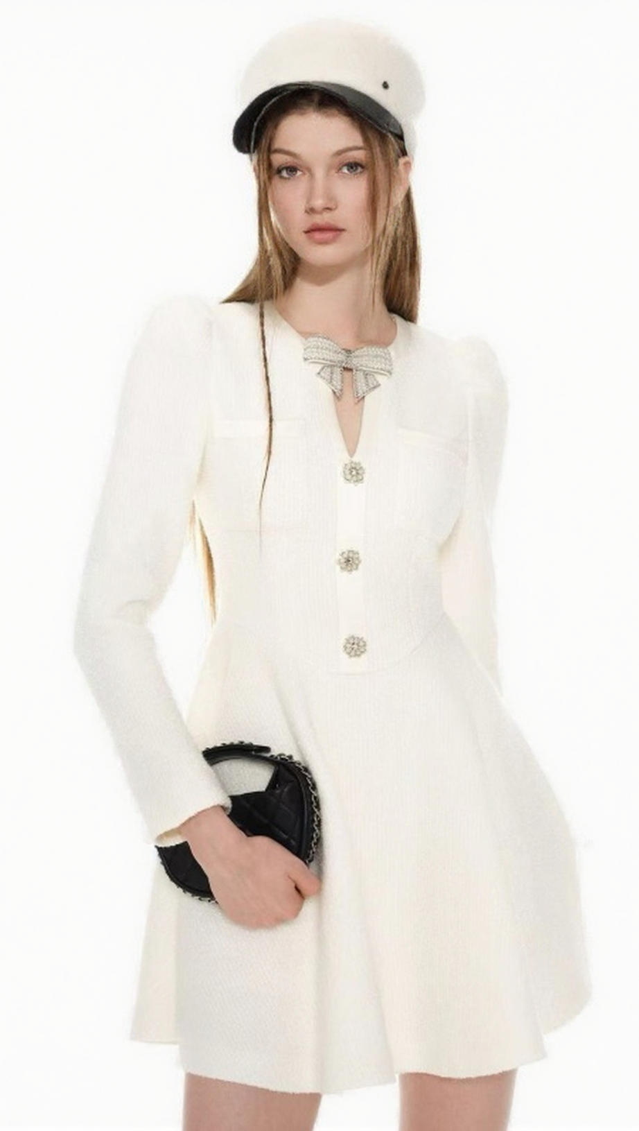 ELEGANT WHITE TWEED BOW MINI DRESS | LONG SLEEVE FIT & FLARE