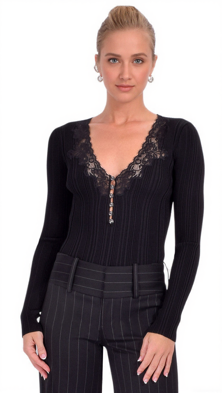 HULDA BLACK V-NECK LACE RIBBED KNIT TOP | CHIC WOMEN'S SWEATER