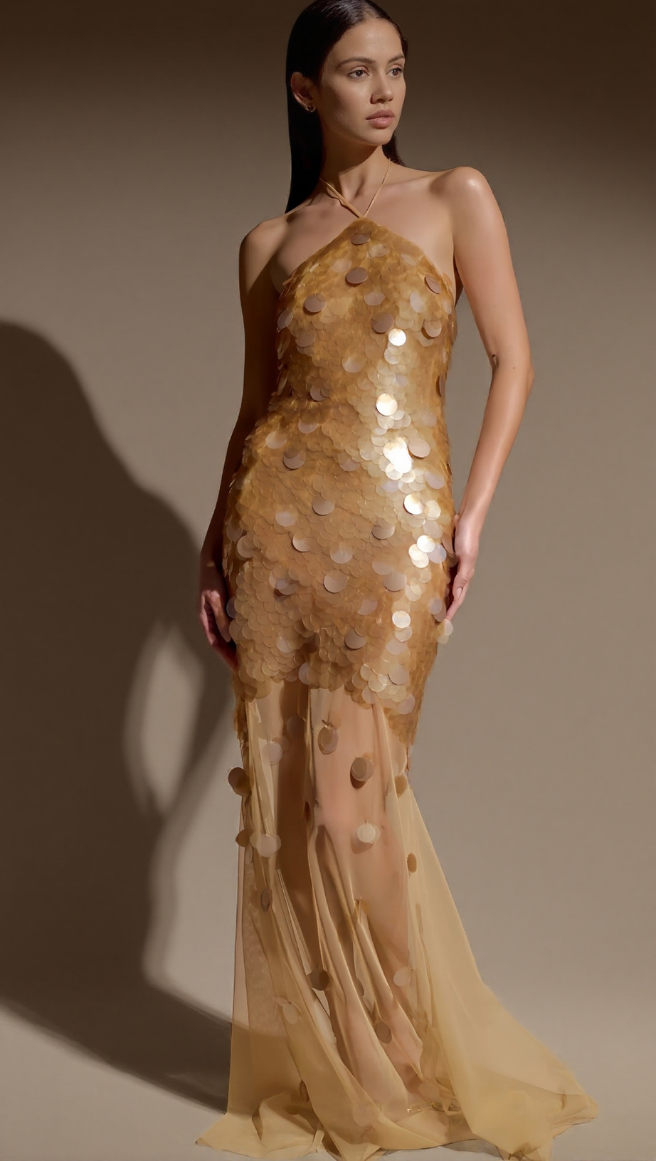 RADIANT GOLD SEQUIN HALTER MAXI DRESS - SHEER MESH GOWN FOR GLAMOROUS EVENINGS