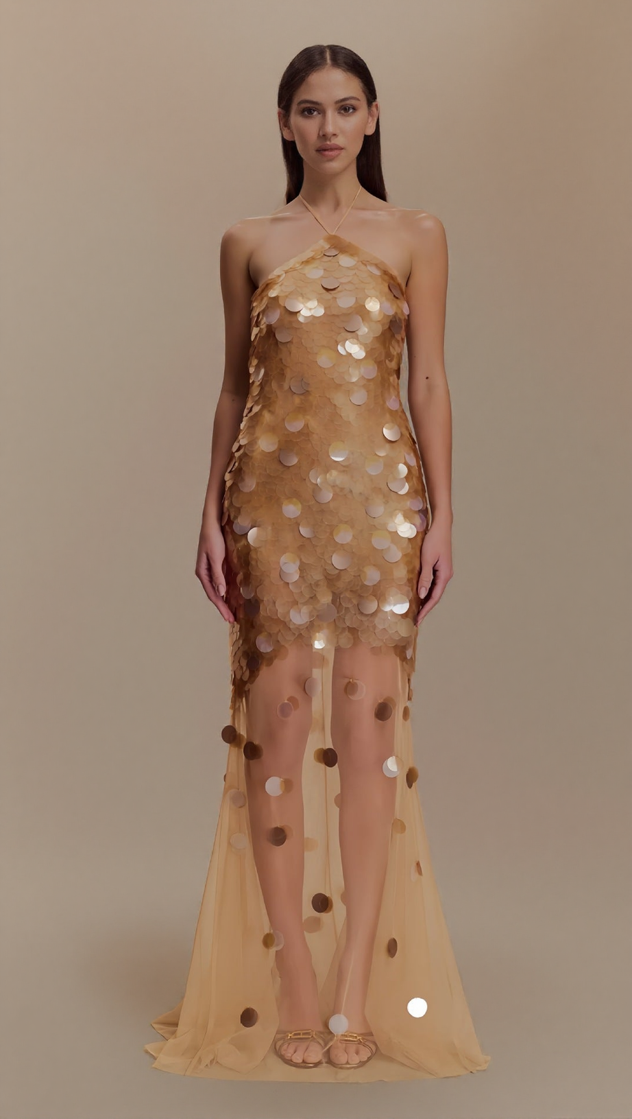 RADIANT GOLD SEQUIN HALTER MAXI DRESS - SHEER MESH GOWN FOR GLAMOROUS EVENINGS