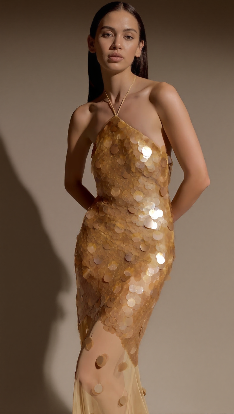 RADIANT GOLD SEQUIN HALTER MAXI DRESS - SHEER MESH GOWN FOR GLAMOROUS EVENINGS