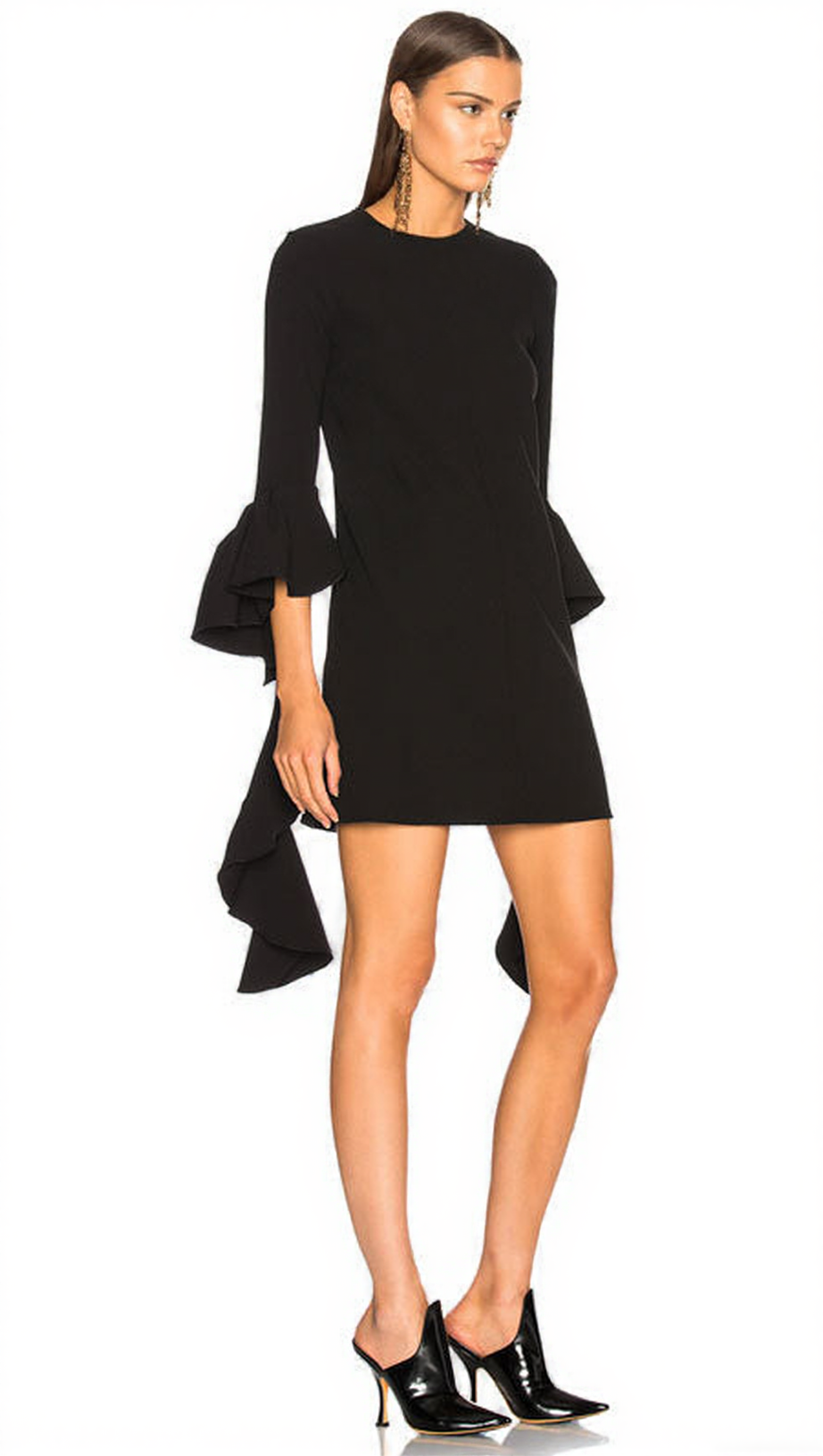 HANZO BLACK BELL SLEEVE MINI DRESS - CHIC RUFFLE HEM LBD