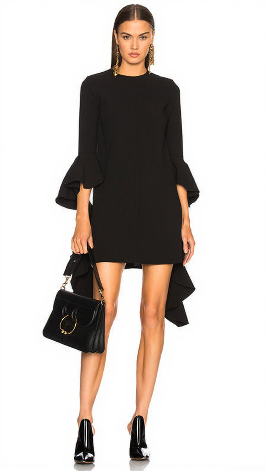 HANZO BLACK BELL SLEEVE MINI DRESS - CHIC RUFFLE HEM LBD