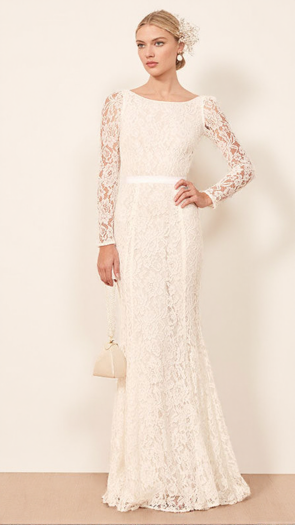HAYNES ELEGANT WHITE LACE LONG SLEEVE MAXI DRESS - BRIDAL & FORMAL GOWN