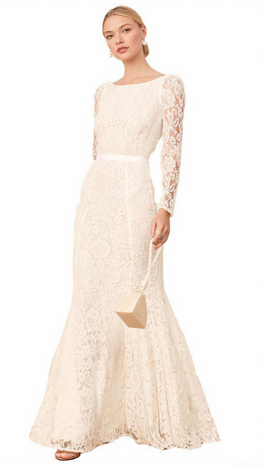 HAYNES ELEGANT WHITE LACE LONG SLEEVE MAXI DRESS - BRIDAL & FORMAL GOWN