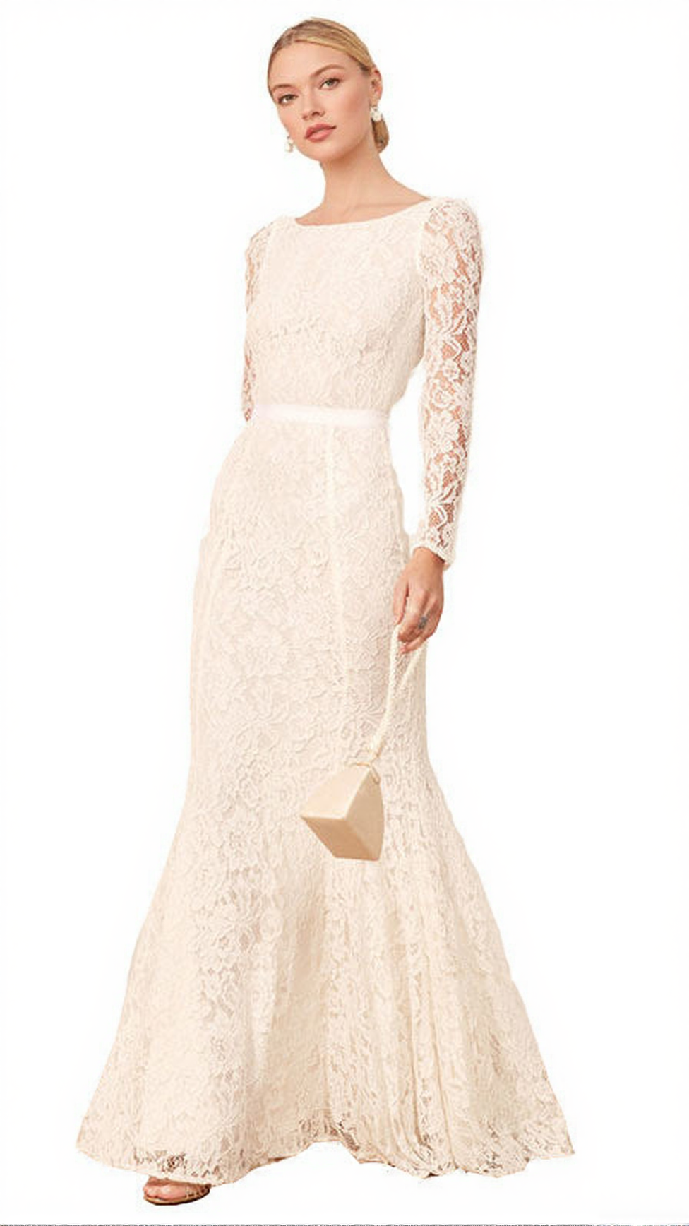 HAYNES ELEGANT WHITE LACE LONG SLEEVE MAXI DRESS - BRIDAL & FORMAL GOWN