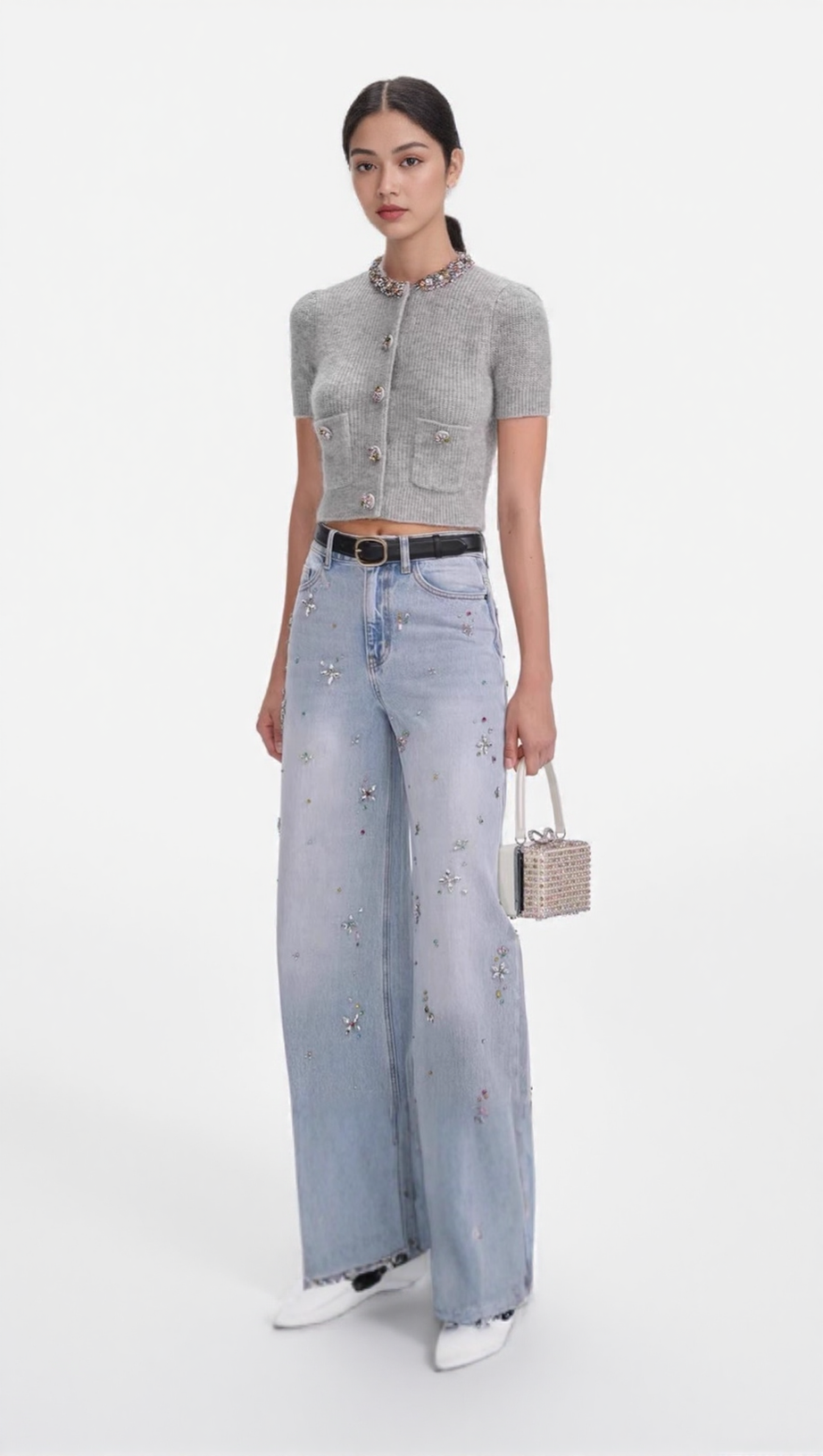 HENRIKE LUXE GREY EMBELLISHED KNIT TOP - SPARKLING SHORT SLEEVE STYLE