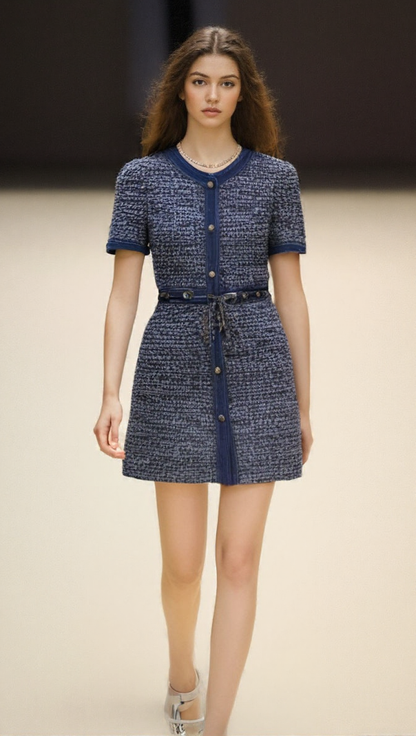 AIIZIE CHIC TWEED & DENIM MINI DRESS WITH GOLD CHAIN ACCENTS | HATSUYE - product image