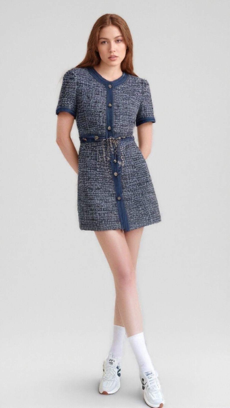 CHIC TWEED & DENIM MINI DRESS WITH GOLD CHAIN ACCENTS | HATSUYE
