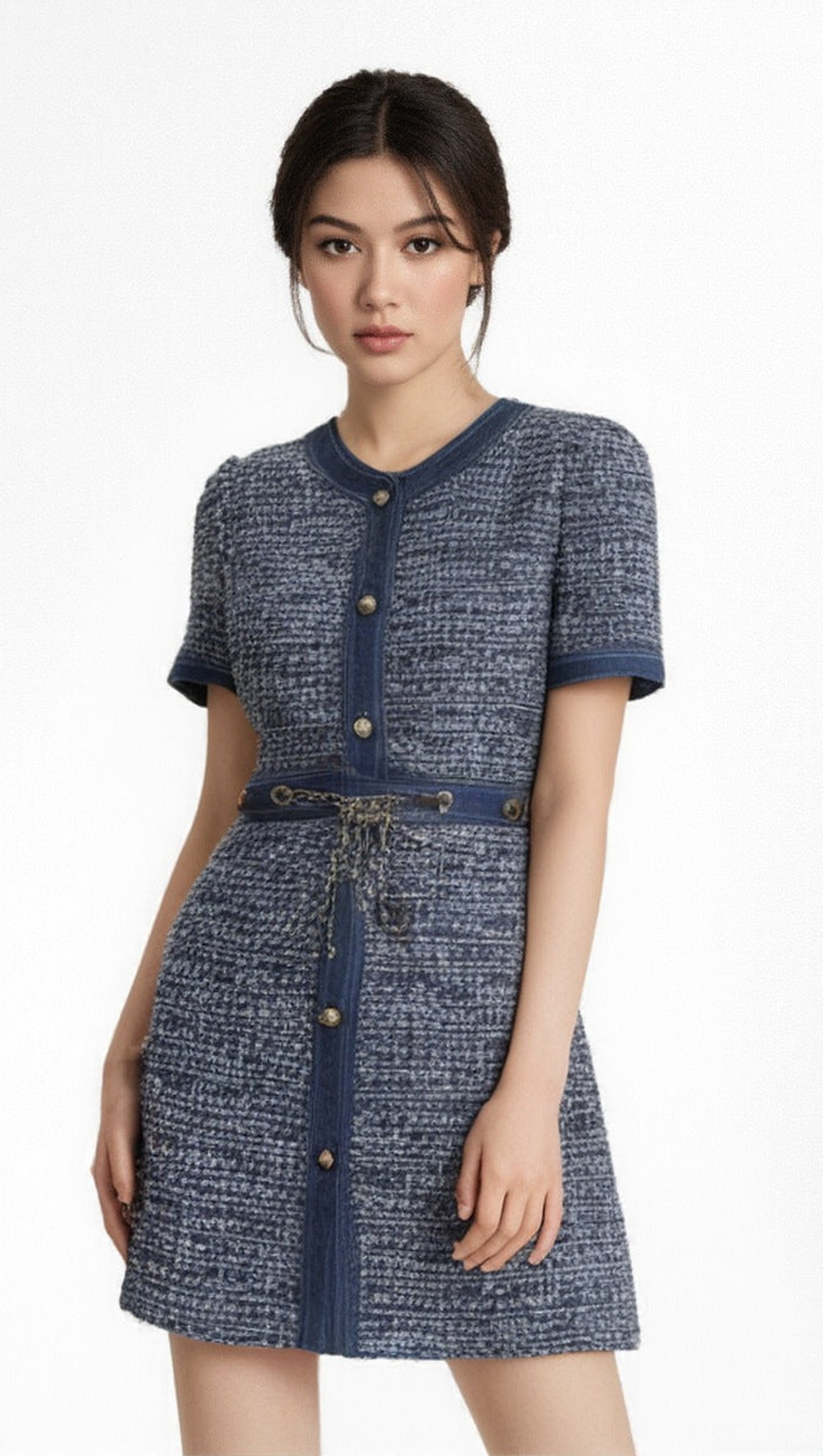 CHIC TWEED & DENIM MINI DRESS WITH GOLD CHAIN ACCENTS | HATSUYE