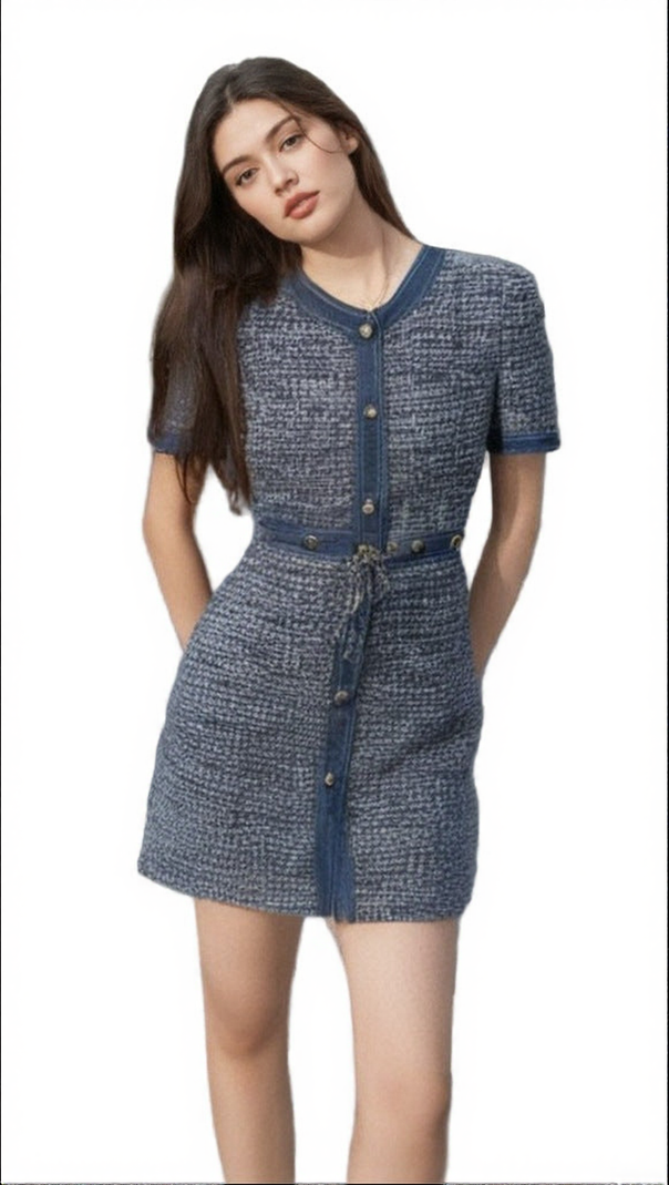 AIIZIE CHIC TWEED & DENIM MINI DRESS WITH GOLD CHAIN ACCENTS | HATSUYE - product image