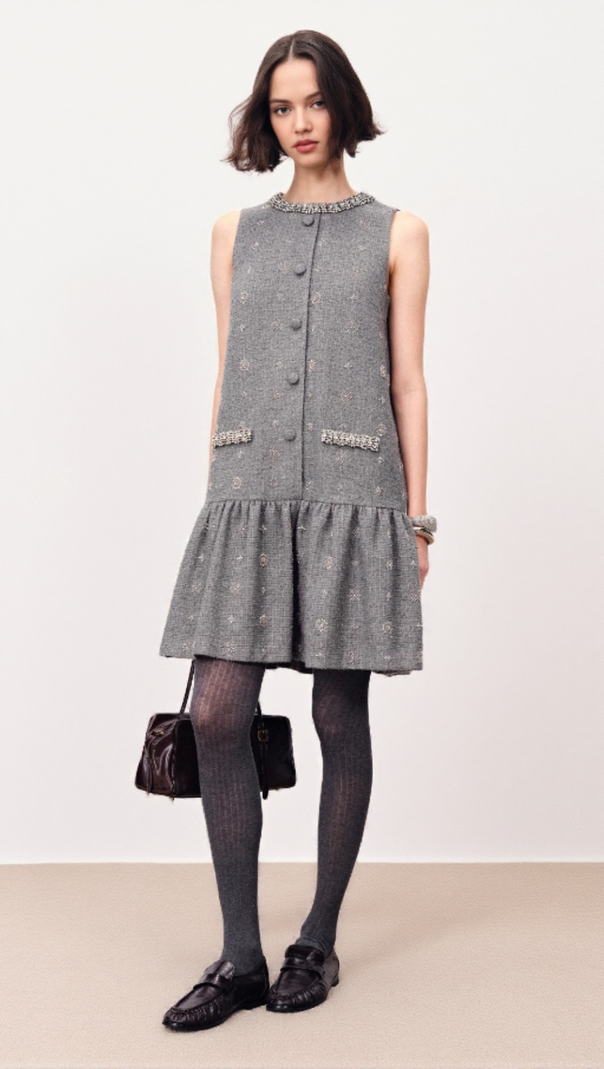 AIIZIE HASANA SPARKLING GREY TWEED SLEEVELESS MINI DRESS WITH CRYSTAL EMBELLISHMENTS - product image