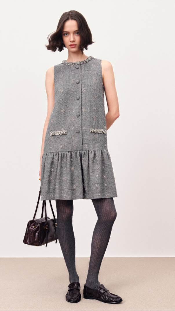 AIIZIE HASANA SPARKLING GREY TWEED SLEEVELESS MINI DRESS WITH CRYSTAL EMBELLISHMENTS - product image