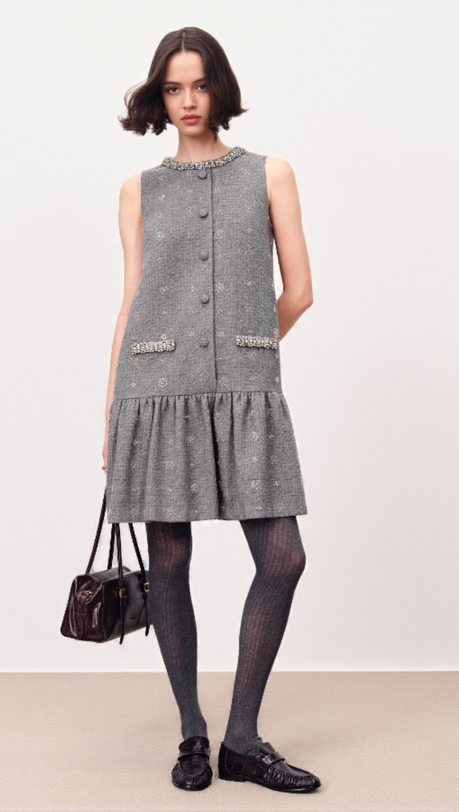 HASANA SPARKLING GREY TWEED SLEEVELESS MINI DRESS WITH CRYSTAL EMBELLISHMENTS