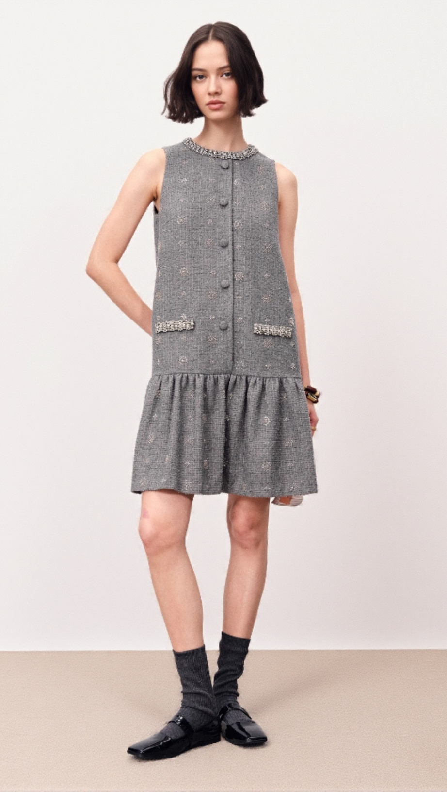 HASANA SPARKLING GREY TWEED SLEEVELESS MINI DRESS WITH CRYSTAL EMBELLISHMENTS
