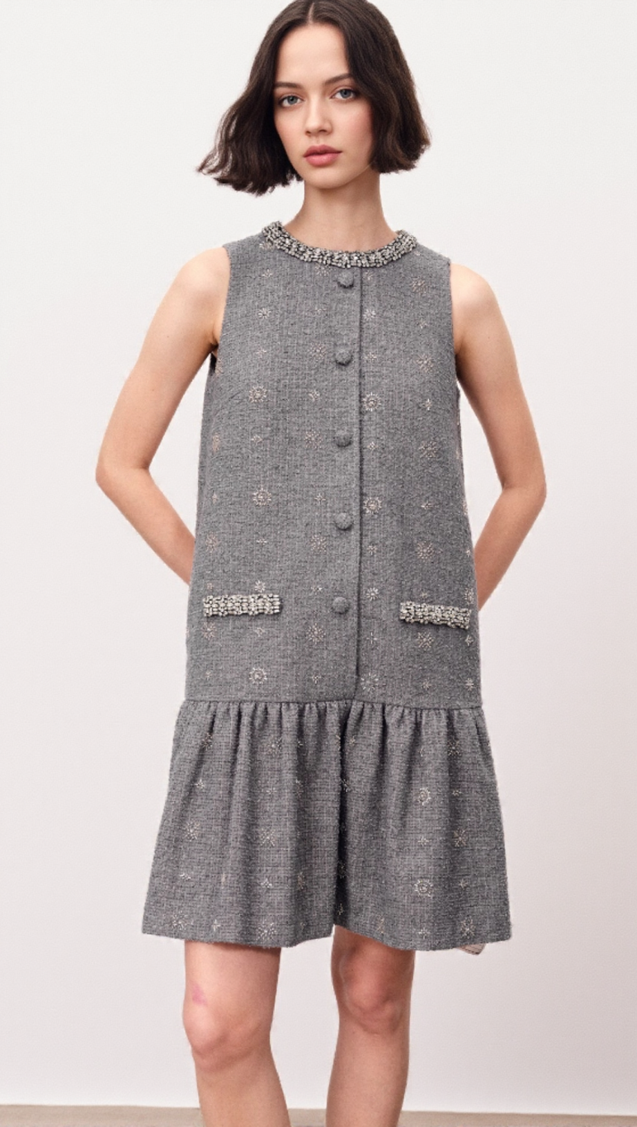HASANA SPARKLING GREY TWEED SLEEVELESS MINI DRESS WITH CRYSTAL EMBELLISHMENTS