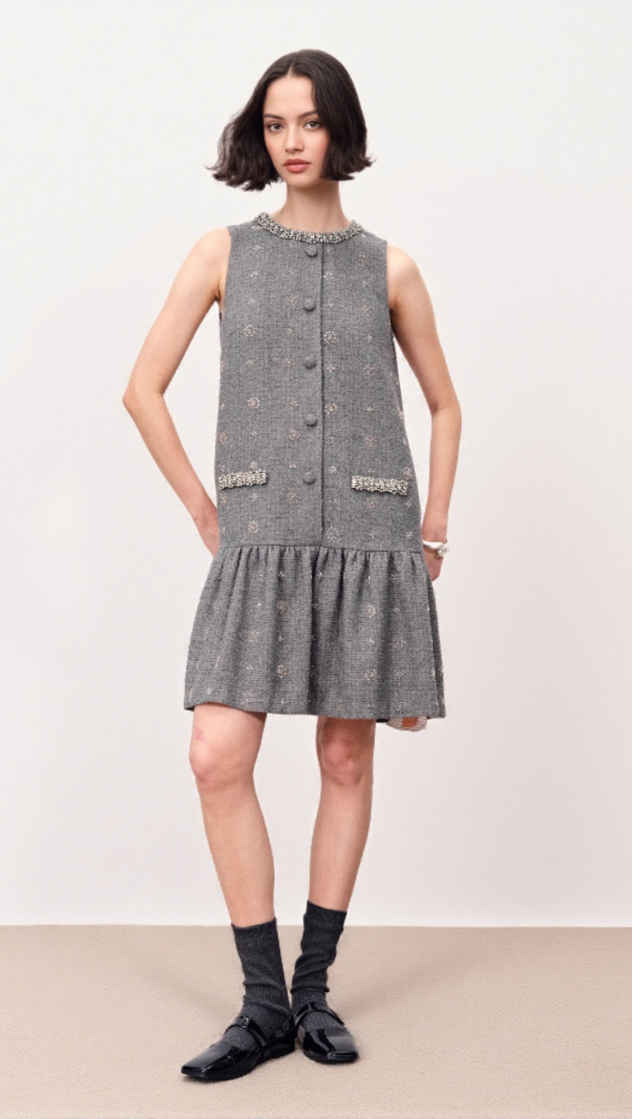 HASANA SPARKLING GREY TWEED SLEEVELESS MINI DRESS WITH CRYSTAL EMBELLISHMENTS