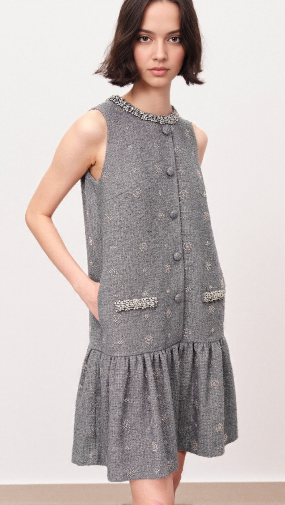 HASANA SPARKLING GREY TWEED SLEEVELESS MINI DRESS WITH CRYSTAL EMBELLISHMENTS