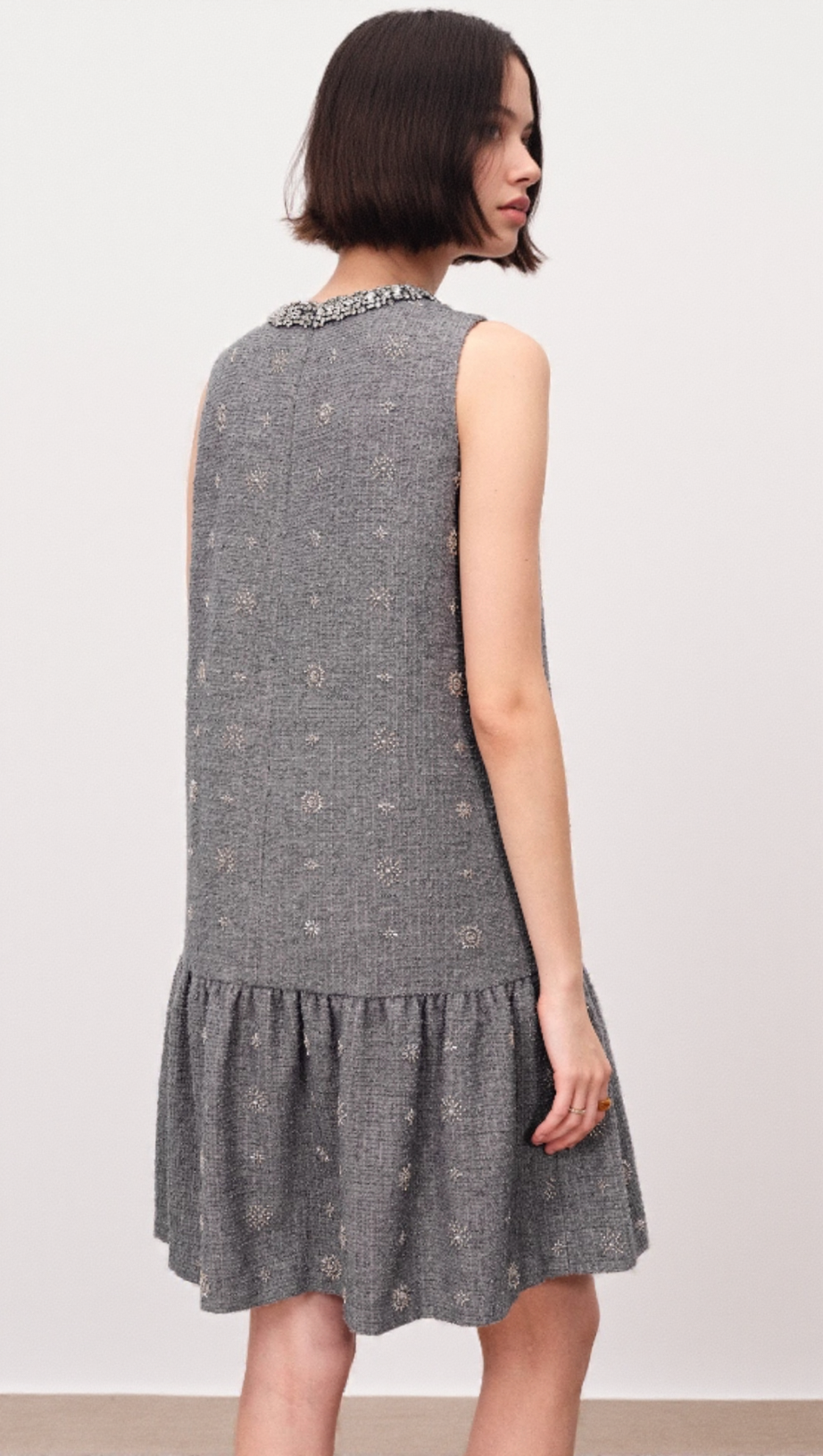 HASANA SPARKLING GREY TWEED SLEEVELESS MINI DRESS WITH CRYSTAL EMBELLISHMENTS